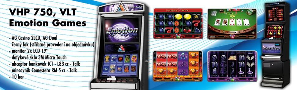 VHP 750, VLT, Emotion Games - AG Casino 2LCD, AG Dual, černý lak(stříbrné provedení na objednávku), monitor LCD 19, dotykové sklo 3M Micro Touch, akceptor bankovek ICT L83 cc-talk, mincovník Comestero RM 5 cc-talk, 10 her