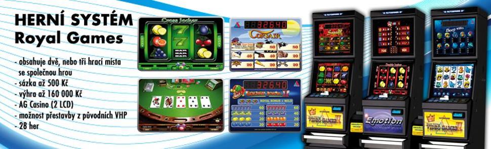 HERNÍ SYSTÉM Royal Games - obsahuje dvě nebo tři hrací místa se společnou hrou, sázka až 500 Kč, výhra až 160 000 Kč, AG casino (2 LCD), možnost přestavby z původních VHP, 28 her