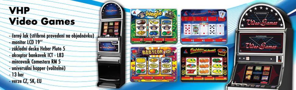 VHP Video Games - černý lak(stříbrné provedení na objednávku), monitor LCD 19, základní deska Heber Pluto 5, akceptor bankovek ICT L83, mincovník Comestero RM 5, universální hopper (volitelné), 13 her, verze CZ, SK, EU